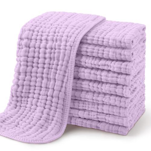 Image of Yoofoss Muslin Burp Cloths for Baby 10 Pack 100% Organic Cotton Baby Washcloths for Boys Girls Large 20''X10'' Super Soft and Absorbent Apricot,Lavender