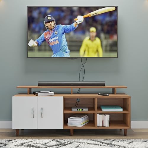 Image of VIKI Modern TV Unit for Living Room | Engineered Wood TV Cabinet with 2 Door Storage, 2 Open Shelves & Extension,Entertainment Unit, 140W x 48H x 40D cm | DIY | 1 Year Warranty (Walnut & White)