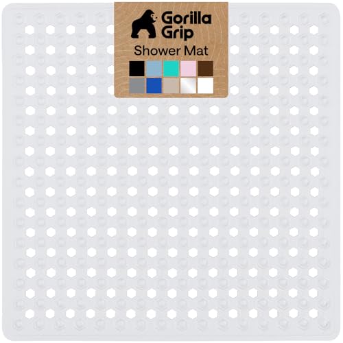 Image of GORILLA GRIP Patented Square Shower Stall Mat, Small Bathtub Floor Mats for Stand Up Showers with Suction Cups and Drainage Holes, Machine Wash, Soft on Feet, Bathroom Accessories 21x21 Inch, White