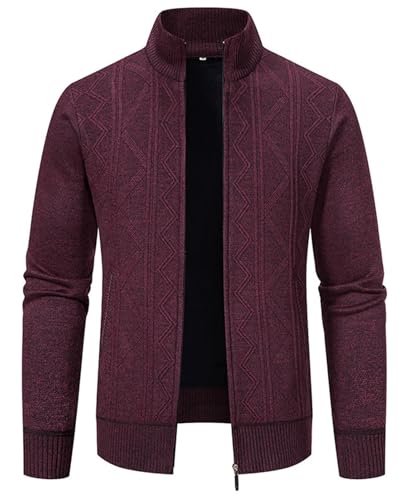 crazy bean Cárdigan de Punto para Hombre Casuales Cárdigan Invierno Hombre Cremallera Manga Larga Suéter Grueso con Cremallera Completa y Cuello Alto Burdeos L