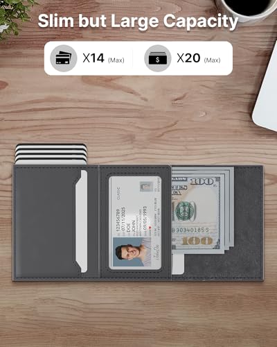 Image of typecase Mens Wallet Card Holder: Pop Up Aluminum Case, Premium Genuine Leather, Smart, RFID Blocking, Slim, Minimalist, Front Pocket - 9-14 Card Capacity | ID Window | Cash Slot - Deep Grey