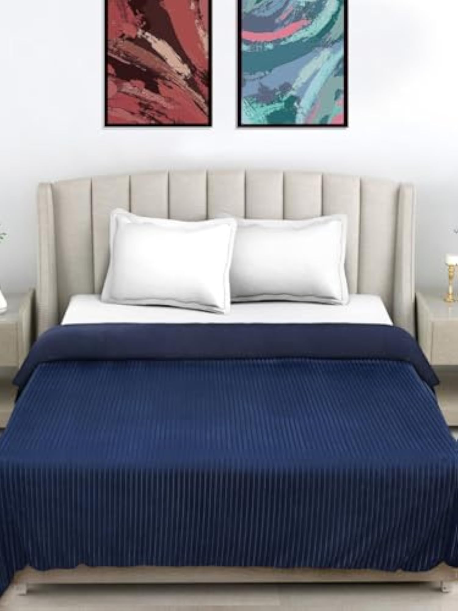 Navy Blue Striped Winter Embossed Woollen Double Bed Comforter