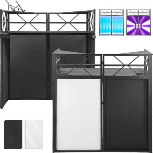 DJ Booth - Adjustable Height (33inch / 37.8inch) Portable DJ Table Stand with Carry Bag Black & White Blackout Cloth Foldable DJ Facade Booth for Event Parties Festival Clubs (41.1 x 20.5inch)
