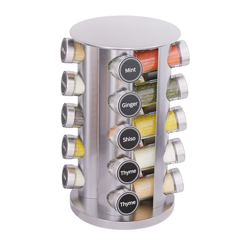 Image of New England Stories Revolving Spice Rack Set with 20 Spice Jars, Kitchen Spice Tower Organizer for Countertop or Cabinet - Carousel Storage Includes 386 Spice Labels (Silver)