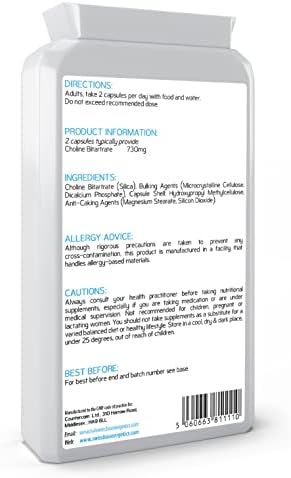 Choline Bitartrate 730mg Daily dose , 120 Choline Vegan Capsules - contributing to Normal Liver Function  No GMOs , Dairy & Gluten Free - Manufactured in The UK to GMP Code of Practice