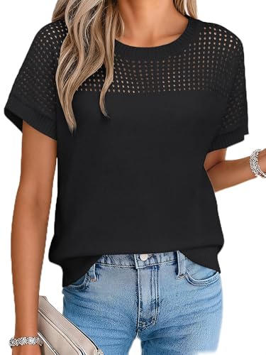 Womens Spring Crochet Knit Tops Lightweight Summer Short Sleeve Sweater Cap Sleeve T Shirts Blouses Black, XL