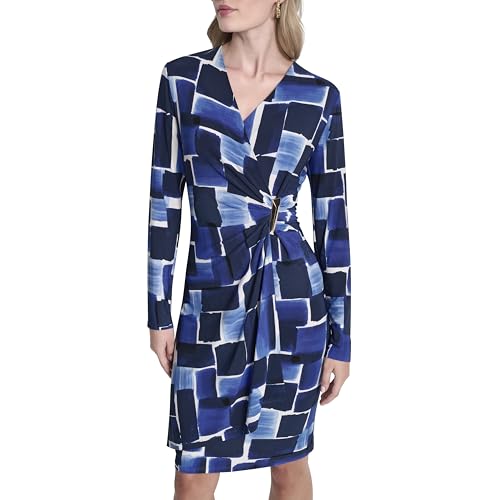 DKNY Women's Long Sleeve Surplice Neck Sheath Dress, Atlantic Blue Multi, 6