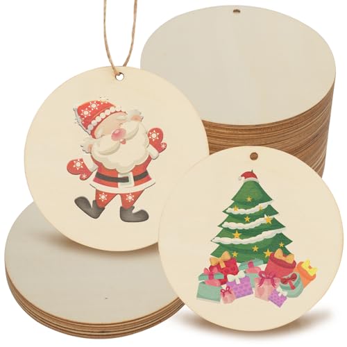 CUWELT 48 Stück Große Runde Holzscheiben mit Loch, 10cm Holzplatten zum Basteln, Blanko Holzkreis mit Jute Schnur, Holz Anhänger Geschenkanhänger für Weihnachtsbaum DIY Handwerk Türschilder