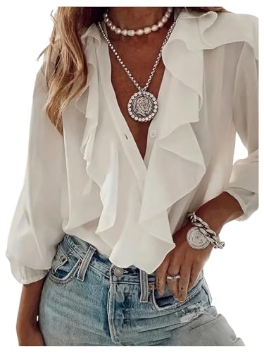 GORGLITTER Women's Ruffled Top Blouses Dressy Business Casual Button Up