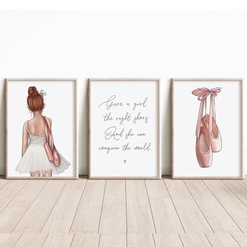 3er Set Leinwandbilder Poster Cartoon Ballett Mädchen Ballerina Zitat Kinderzimmer Rosa Tanzschuhe Wand Kunst Drucke Geschenk Schlafzimmer Wohnzimmer Schlafsaal Galerie Korridor Dekor Bild, 30x40 CM (