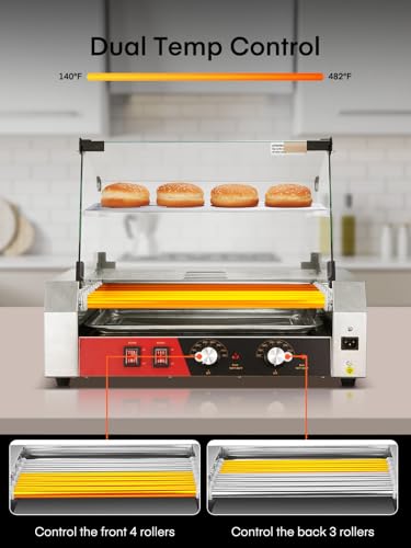 HOUSNAT Hot Dog Roller, 7 Rollers 18 Hot Dog Capacity,1050W Stainless Steel Hot Dog Machine with Bun Shelf, Drip Tray, Glass Cover & Dual Temp Control for for Kitchen, Party, and Canteen Use