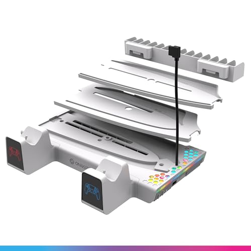 Oniverse Support PS5/PS5 Slim - Station de refroidissement ventilateur à 3 vitesses, Double chargeur manette PS5 compatible DualSense, Support recharge casque...