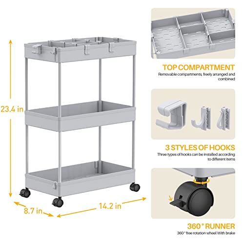 Image of SPACELEAD 3 Tier Rolling Cart with Wheels, Storage Craft Art Trolley Organizer Serving, 3 Hanging Baskets Easy Assembly, for Office, Living Room, Kitchen, Gray