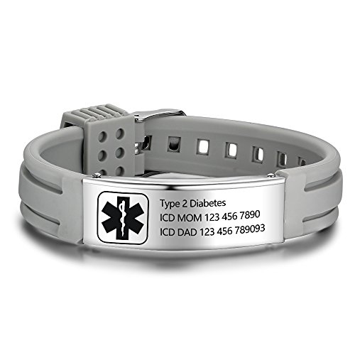 Free Engrave 9 Inches Silicone Adjustable Medical Bracelets Emergency ID Bracelets For Men