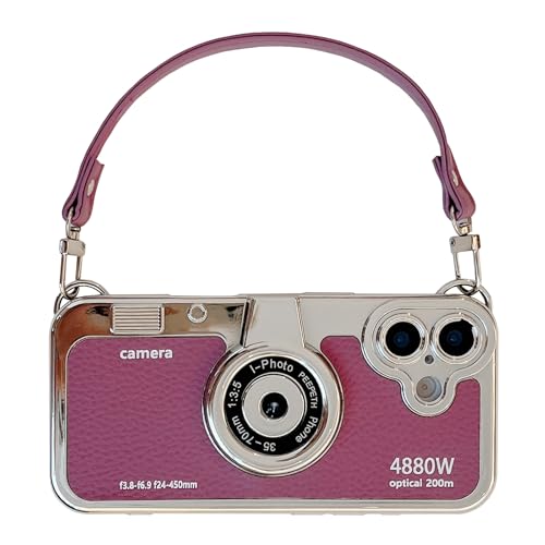 QoKcoahn 3D Vintage Camera Phone Case with Hand Strap - Unique Cool Silicone PC Shockproof Crossbody Protective Case for iPhone 18 Pro Max/17 Pro Max-Purple