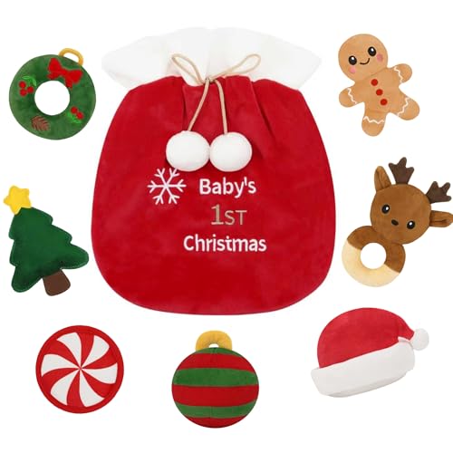 Finebee First Christmas Baby Toys,Sensory Plush with Santa Hat Rattles Gingerbread Crinkle Toys for Baby, for Kids Girls Boys, Infant Stocking Stuffers