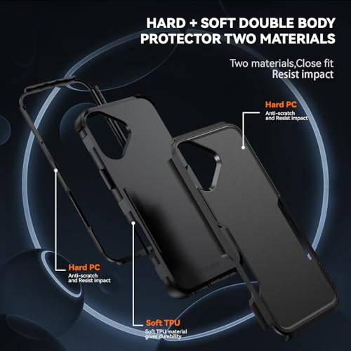Image of Cubix Full Body Armor Cover for iPhone 16 Plus Pouch Hard PC + Soft TPU 3-Layer Military Grade Back Case (Black)