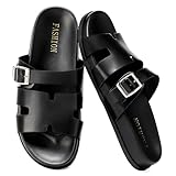 Dscoryar Womens Platform Sandals, H sandals for Women Leather White Black Open Toe Sandals with Adjustable Buckle Summer Comfortable Beach Chunky Slip on Slides(Size 7.5)