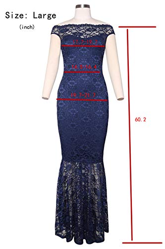 Elapsy Womens Sexy Off Shoulder Short Sleeve Bardot Bodycon Lace Evening Gown Formal Long Dress Navy Small - Thumbnail 2