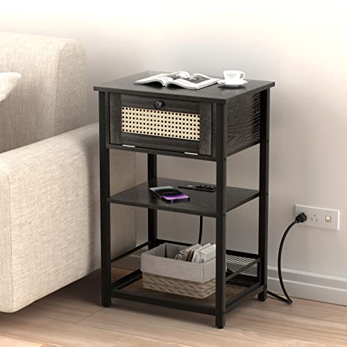 Szlhanjz Nightstand With Charging Station, Rattan Side Table With Outlets, Modern End Table With Storage And Shelf, Boho Bedside Table For Living Room Bedroom Office, Gray #TOP3