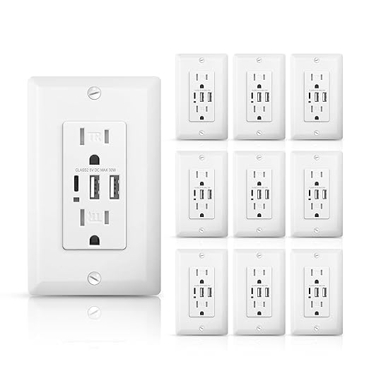 ALASTECH 10Pack USB Outlets, 3-Port 6.0A High-Speed Charging Electrical Outlet, 15 Amp Tamper-Resistant Receptacle Plug with USB C Ports, UL Listed,