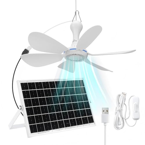 Tujoe 1 Set Solar Powered Ceiling Fan Kit for Outdoor,Portable 15W Solar Panel Powered USB Small Hanging Fan,Dual Charging Modes,for Chicken Coop, Tent,Greenhouse, Shed, Gazebo