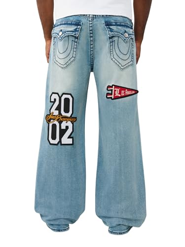 True Religion Men&rsquo;s Vinny Patch Big T Ultra Baggy Jean 34&rdquo; &ndash; Dark Wash, Whiskering, Signature Horseshoe &ndash; Shattered Medium Indigo Wash, 38