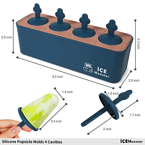 Popsicle Molds For Kids Shapes Maker 4 Cavities Food Grade Silicone Homemade Frozen Ice Popsicle Maker Bpa Free Contain 50 Popsicle Bags Popsicle Recipe By Ice Monster (4 Cavities, Blue) #TOP1
