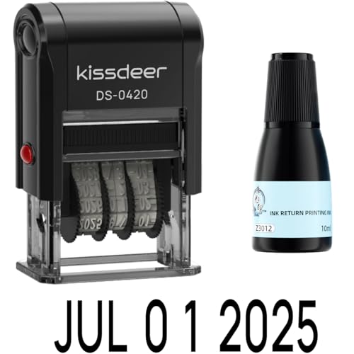 Kissdeer Date Stamp Set, Self-Inking Rubber Stamp with 10ml Ink - 4mm x 20mm Imprint, Displays Dates from 2024 to 2035, Perfect for Shipping, Receiving, Expiration, and Teacher Stamper (BLACK)