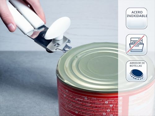 Miniatura 2 de Leifheit Abrelatas Exact en elegante plástico blanco y acero inoxidable, abrelatas de seguridad con borde de corte endurecido, el abridor incluye accesorio para abrir botellas.