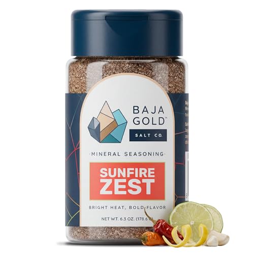 Baja Gold Spicy Seasoning, Sunfire Zest Spicy Pepper Citrus Blend With Mineral Sea Salt For Chicken Beef Vegetables And Fruit, Zesty Meat Seasoning And Snack Topper Spice Mix, 6.3 Oz