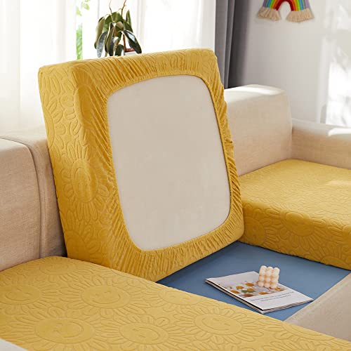 Couvre canapé extensible jaune pour rénover un dossier de canapé usé en velours - 4