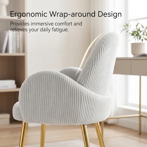 Image of Eifizek Home Office Chair Set of 2, Modern Corduroy Upholstered Vanity Desk Chair with Gold Legs for Girls Women, Ergonomic Padded Backrest for Living Room, Grey
