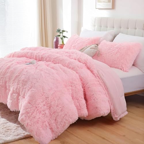 Smoofy Fluffy Queen Comforter Set Faux Fur Pink Comforter Set Queen Size Luxury Fuzzy Bedding Set Soft Shaggy Bed Set Pink for All Season 3 Pieces - 1 Comforter & 2 Pillowcases