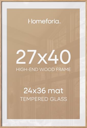 Image of Homeforia Wood Poster Frame 27x40, High End Natural Oak 27 x 40 Large Picture Frame with Mat 24 by 36, 27x40 Light Wooden Frames Matted to 24x36, 40x27 Movie Frames, Tempered Glass, Wall Kit, Set of 1