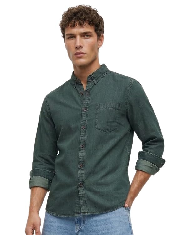 Image of Amazon Brand - INKAST Men Washed Cotton Twill Denim Casual Button Down Shirt | Full Sleeves | Regular Fit | Stylish Summer - Everyday Wear