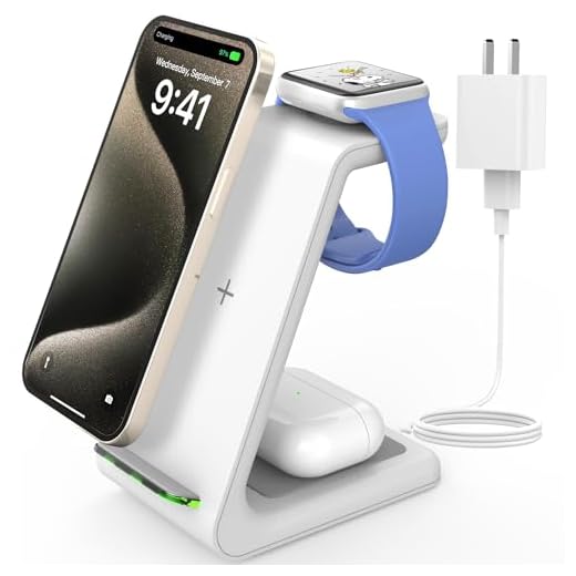 JoyGeek Estação de carregamento sem fio, carregador sem fio para iPhone, estação de carregamento 3 em 1 para Apple iPhone 14/13/12/11/SE/X/8, iWatch 8/SE/7/6/3, AirPods 2/3/Pro – Branco