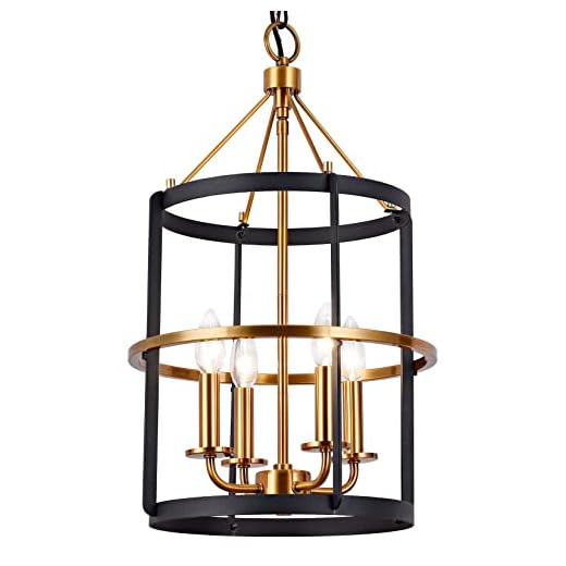 Modern Chandelier,4-Light Lantern Pendant Light,Matte Black and Brass Finish, Light Fixtures Ceiling Hanging,Chandelier Light Fixture for DiningRoom,Kitchen,Foyer,Entryway