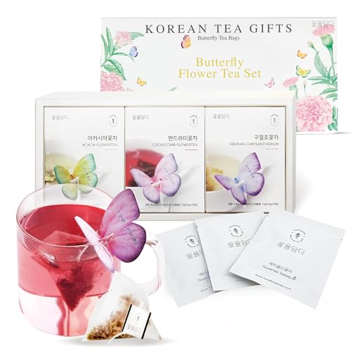 KKOKDAM Tea Gift Set - Butterfly Tea Bags, Pink Tea Variety Pack - Tea Bag Sampler, Tea Set for Mothers Day Tea Set, Unique Tea Gifts, Fancy Tea Bags, Korean Gift Set, Tea Korean Gifts - 3 Flavors