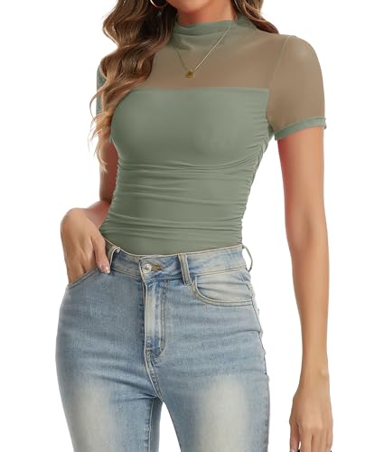 Image of SHAPERIN Women’s Mesh Bodysuit Turtle Mock Neck Ruched Bodysuits Tops Going Out Short Sleeve Body Suit Party Club Green L