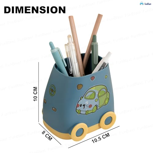Image of FunBlast Plastic Pen Stand for Study Table, Car Stationary Organizer with Kawaii Stickers, Pen Stand for Kids & Girls, Desk Organizer, Birthday Return Gifts for Kids (Blue)