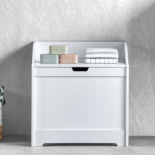 Home Discount Priano Meuble de Rangement pour Salle de Bain avec Panier en Bois Coffre à Linge 58 x 56 x 38 cm Blanc