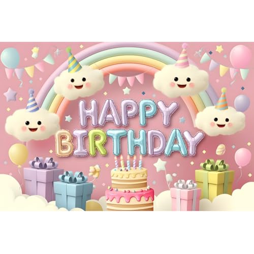 YongFoto Kids Happy Birthday Backdrop 5x3ft Cute Clouds Stars Gift Box Rainbow Arch Pink Photography Background Sweet Baby Girl Boy One Year Old 1st 2nd Birthday Party Banner Cake Table Decor