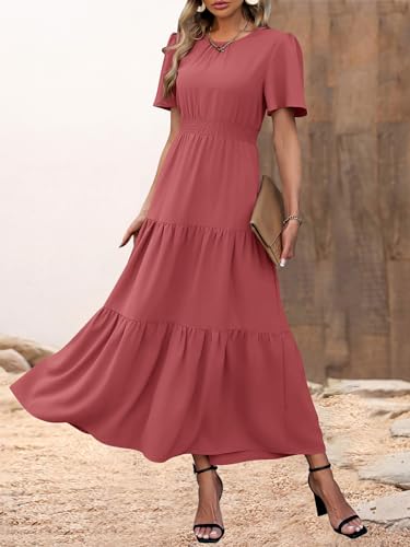 Image of PRETTYGARDEN Women's Casual Smocked Boho Floral A-Line Maxi Dress 2026 | Summer Short Flutter Sleeve Crewneck Tiered Long Sundress,Fall Wedding Guest Dresses,Spring Cute Flowy Beach Vacation Clothes
