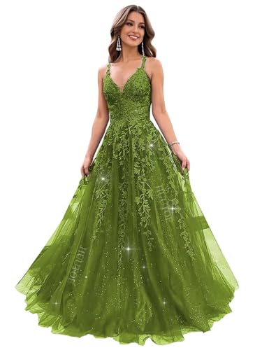 LOKAXXZU Glitzer Tüll -Abschlussballkleider für Frauen 2023 V Hals Spitzen Applikationen Lange Ballkleider Spaghetti -Träger formelle Abendkleid