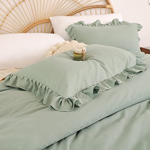 Janzaa Queen Comforter Set Sage Green 3Pcs（1 Ruffled Comforter Set And 2 Pillowcases） Vintage Farmhouse Shabby Chic Bedding Soft Fluffy Comforter Set All Season #TOP5