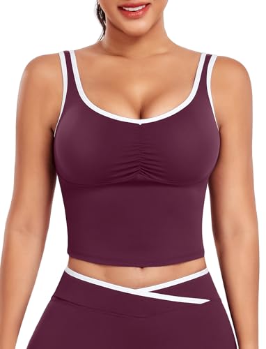 STARBILD Camiseta de tirantes larga para mujer, sin mangas, para yoga, espalda descubierta, parte superior con almohadillas de sujetador extraíbles, para entrenamiento, gimnasio, casual, Violeta Uva