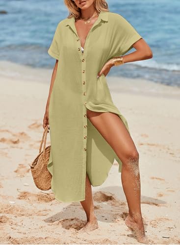 Image of Dokotoo Womens Long Cardigans Swimsuit Cover Ups Summer Beach Dress | Beach Vacation Clothes,Button Down Long Kimonos Cardigan,Side Split,Loose Fit Bathing Suit,Swimsuit Coverups Summer Dresses