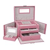 🎀 GROSSE KAPAZITÄT: Ihnen stehen 2 Schubladen, 2 seitliche Klapptüren zum Aufhängen Ihrer Halsketten und viele Steckplätze für Ringe sowie andere Accessoires in diesem 26 x 18 x 17 cm Großen Schmuckkasten zur Verfügung. So Sparen Sie nicht nur Platz, Sondern auch Zeit, die Sie Ansonsten für Lästiges Suchen nach Schmuckstücken Verschwendet Hätten.