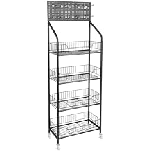 Retail Candy Snack Display Rack 4-Tier Metal Wire Storage Display Shelf Stand with Wheels ,Hooks and Fixed Adjustable Feet Tiered Store Display Stand Shelves Snack Organizer Cart Black